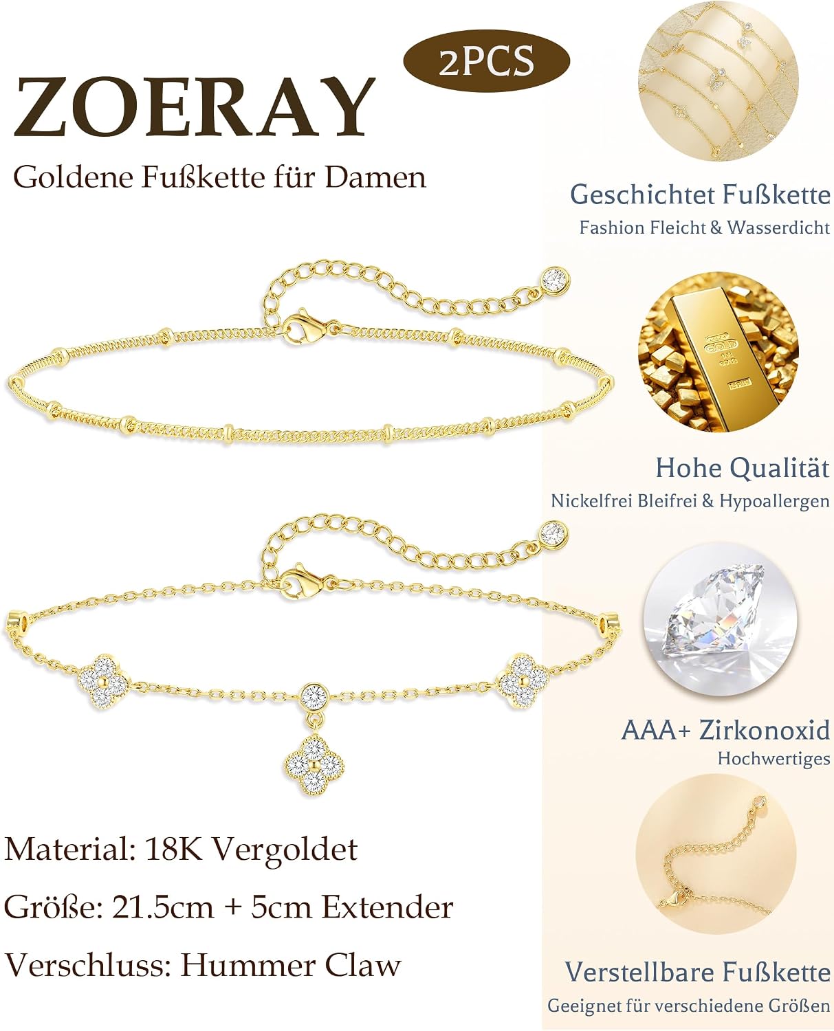 Detalle de ZOERAY Fußkettchen Damen Silber 925 Gold-Veredelung – Wasserfest, verstellbar mit Perlen, Herz, Schmetterling und Kleeblatt