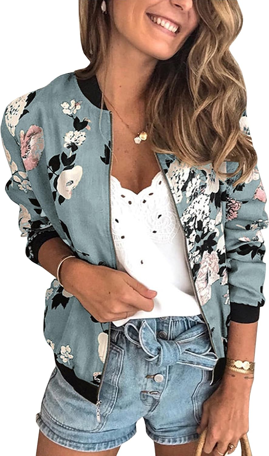 Detalle de ECOWISH Damen Bomberjacke Blumenmuster