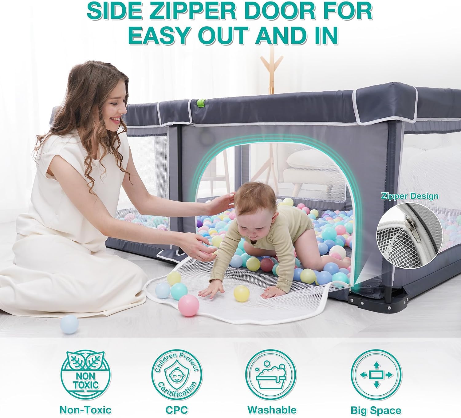 Thumbnail 3 de Foldable Baby Playpen with Mat (127 x 127 cm) – Portable Indoor & Outdoor Safe Play Area