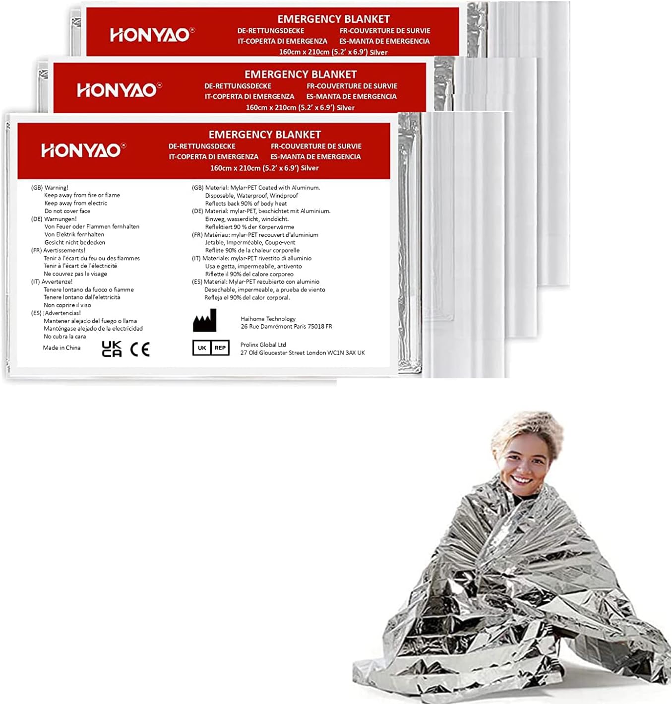 HONYAO Termica 3 Pezzi Coperta Emergenza Argento 210×160 cm – Risparmio, Protezione e Versatilità