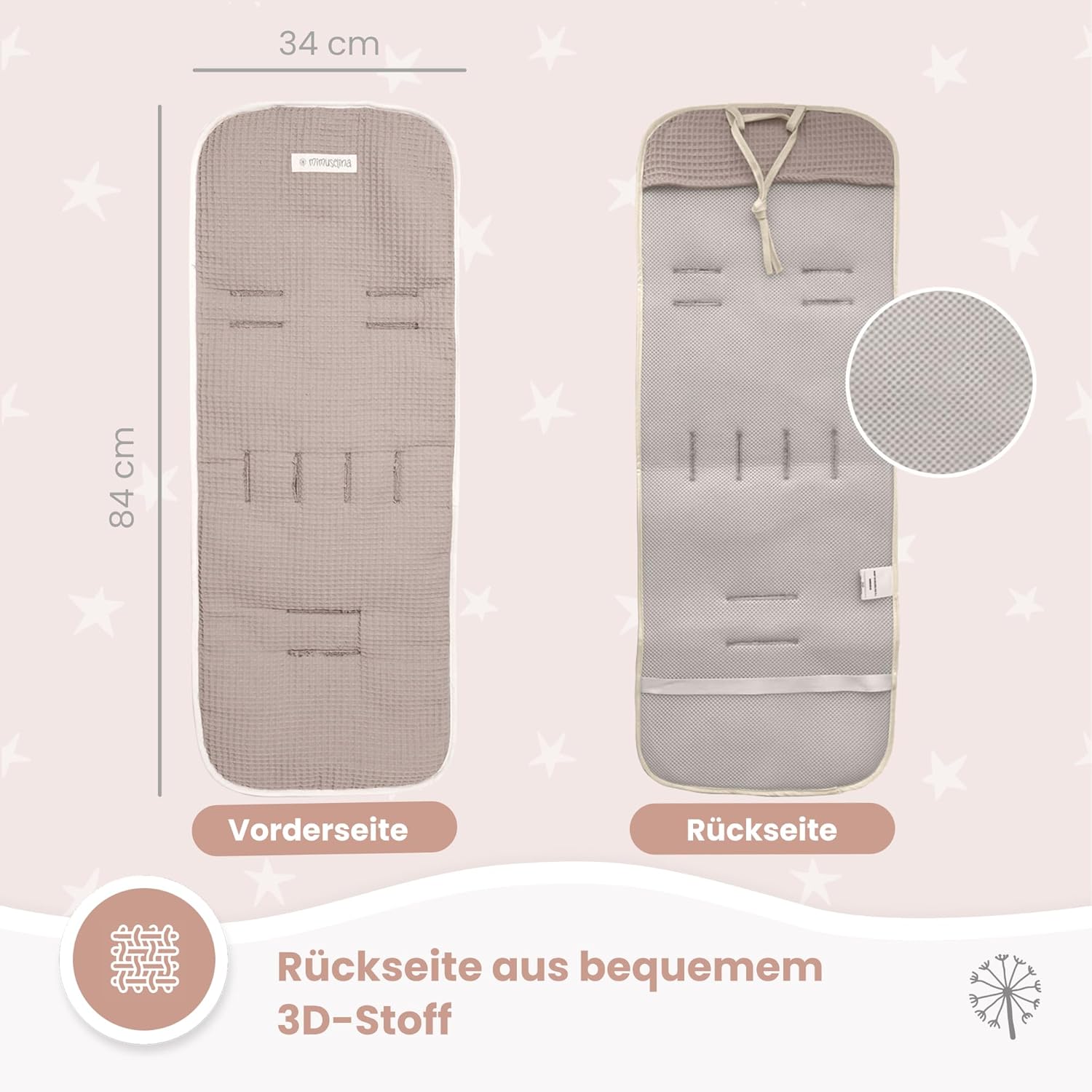 Thumbnail 6 de MIMUSELINA Kinderwagen Sitzauflage Universal aus 100% Baumwolle OEKO-TEX – atmungsaktiv, waschbar, 34 × 84 cm