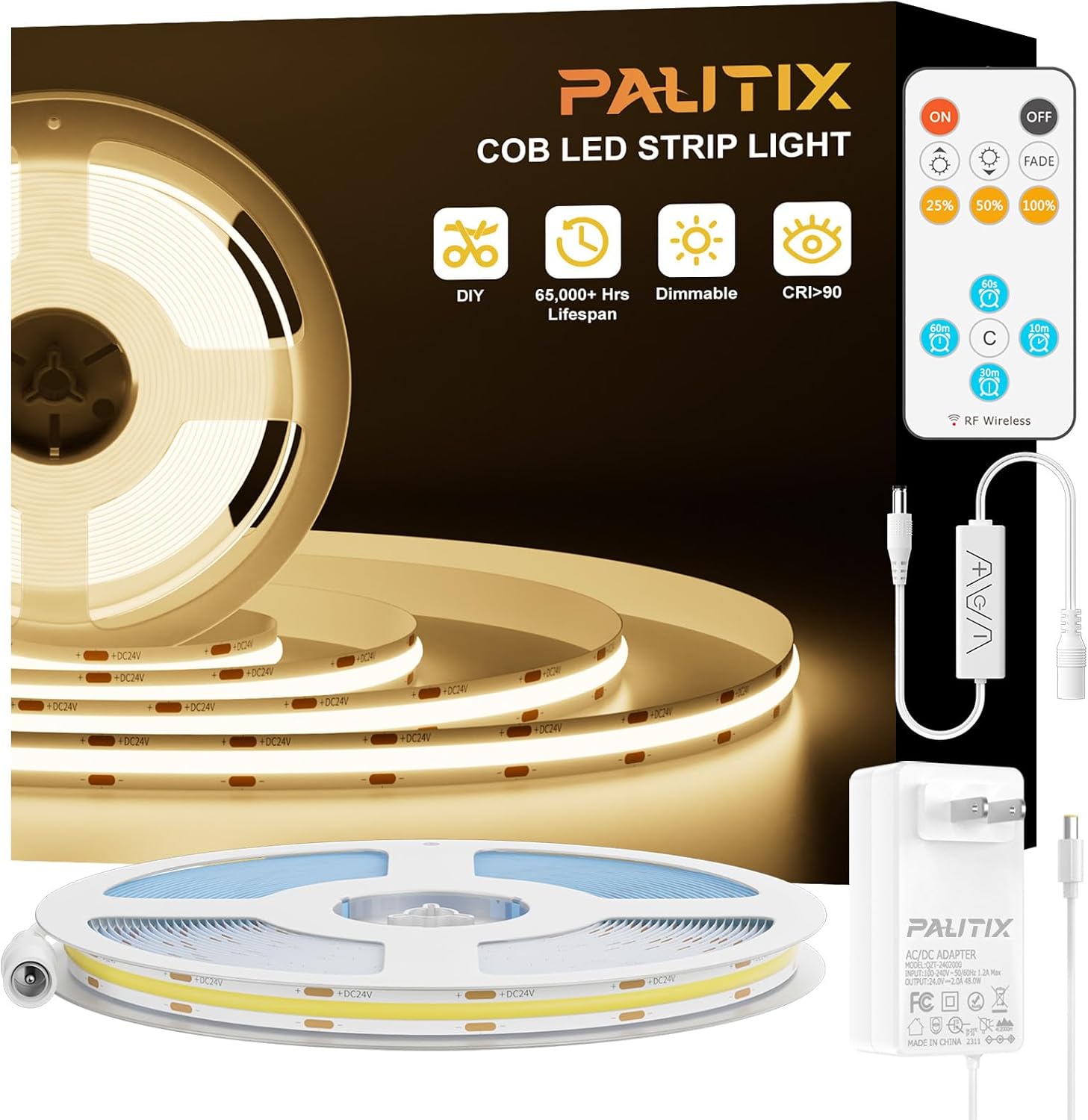 Detalle de PAUTIX R-SWW480W24-COB-5M-3000K COB LED Strip, 3000K, RF Remote