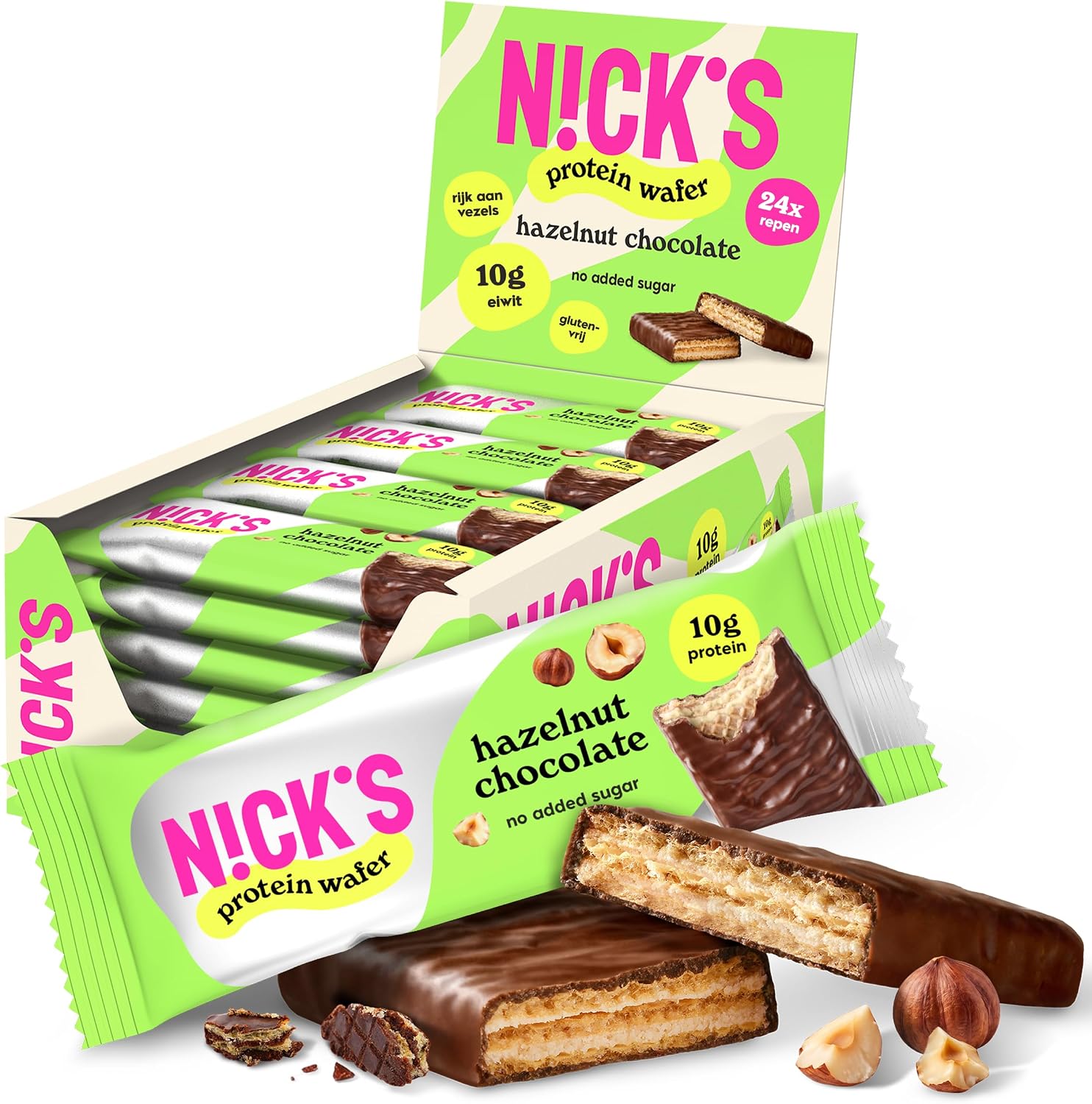 Detalle de N!CK'S Hazelnoot-eiwitwafelrepen, 25% eiwit, glutenvrij, 24 x 40 g