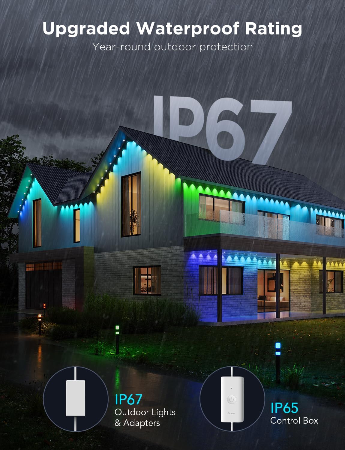 Detalle de Govee Permanent Outdoor Lights Pro (100ft) with 60 RGBIC LED Lights, IP67 Waterproof, Alexa/Google/Matter, White