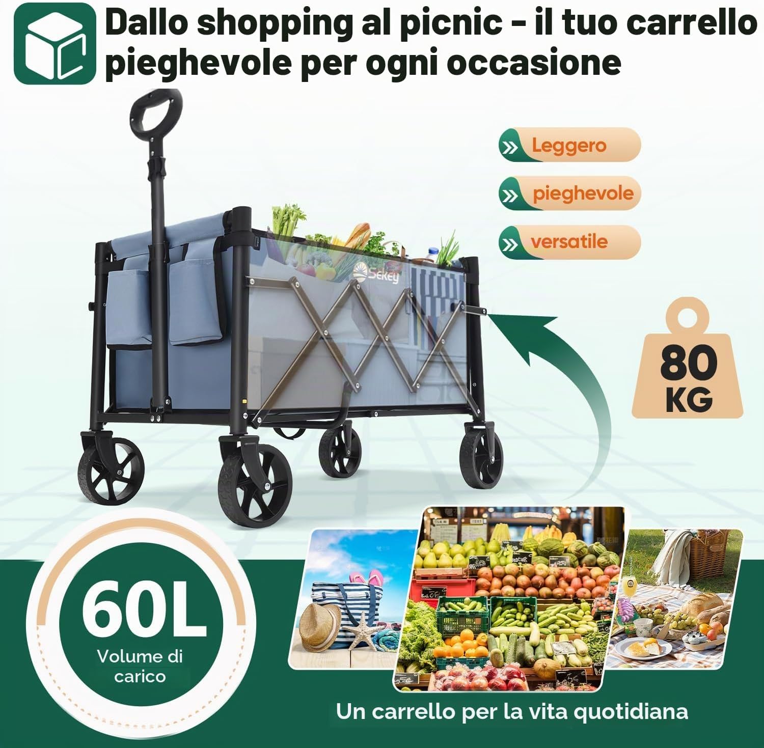 Detalle 2 de Sekey Carrello pieghevole 60L 80KG Blu