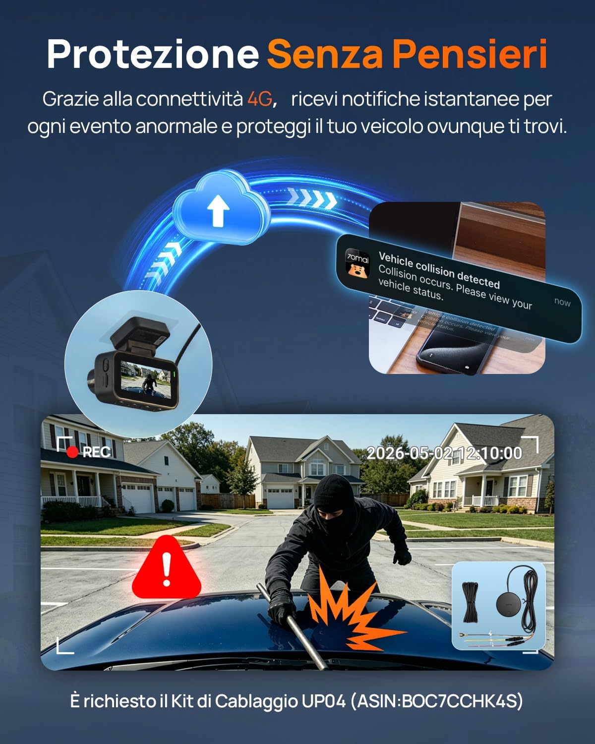 Thumbnail 3 de 70mai A810 Lite Dash Cam Auto 4K + 1080P: Dash cam frontale 4K e posteriore 1080P con GPS, 5GHz WiFi e 4G LTE