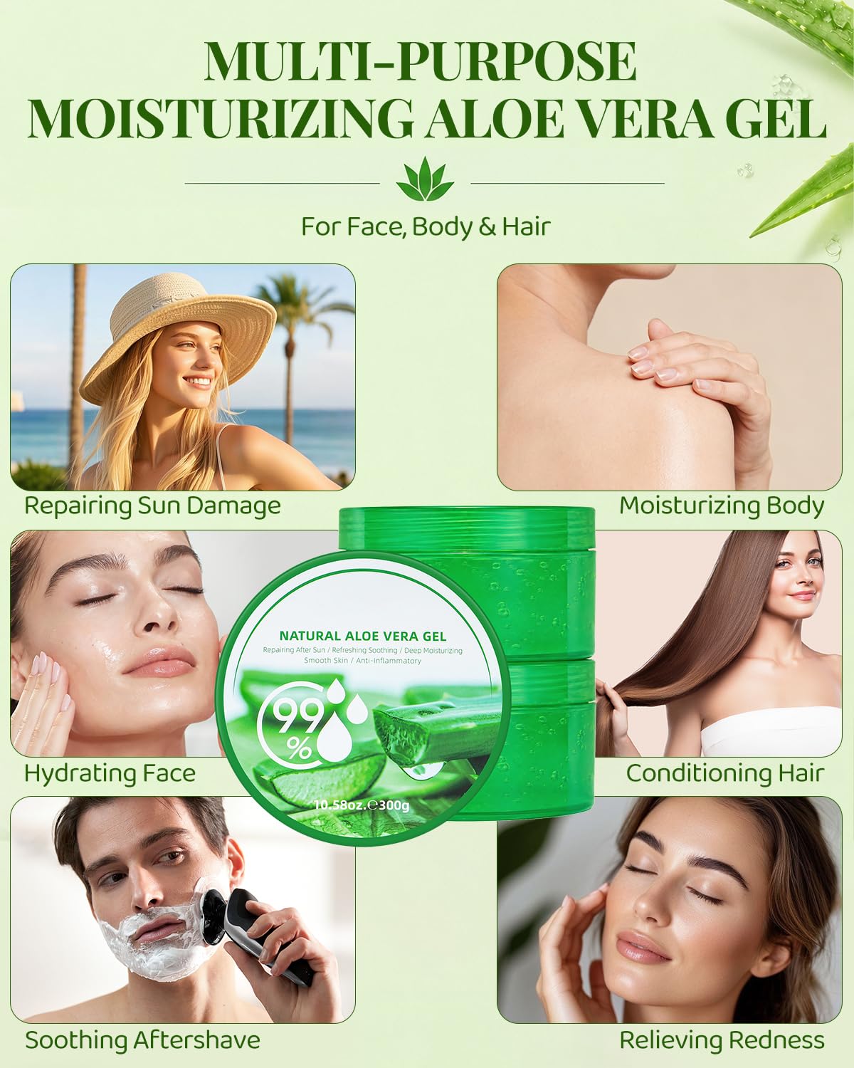 Detalle de Aloe Vera Gel 2 × 300 g + 10 Masken – natürliches Hautpflege-Set