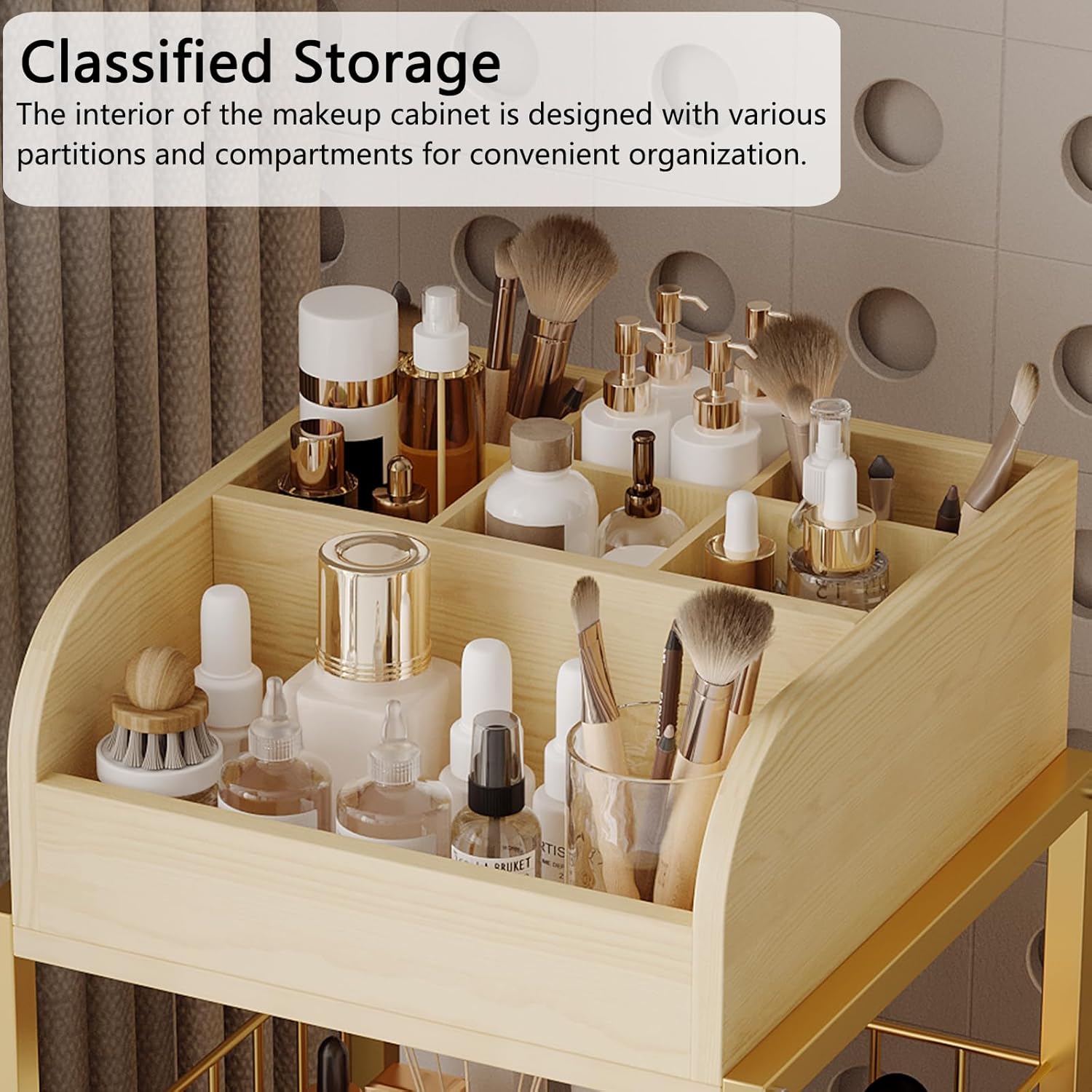 Detalle de Makeup Organizer Cart with Drawers (Gold) for Floor Vanity Storage