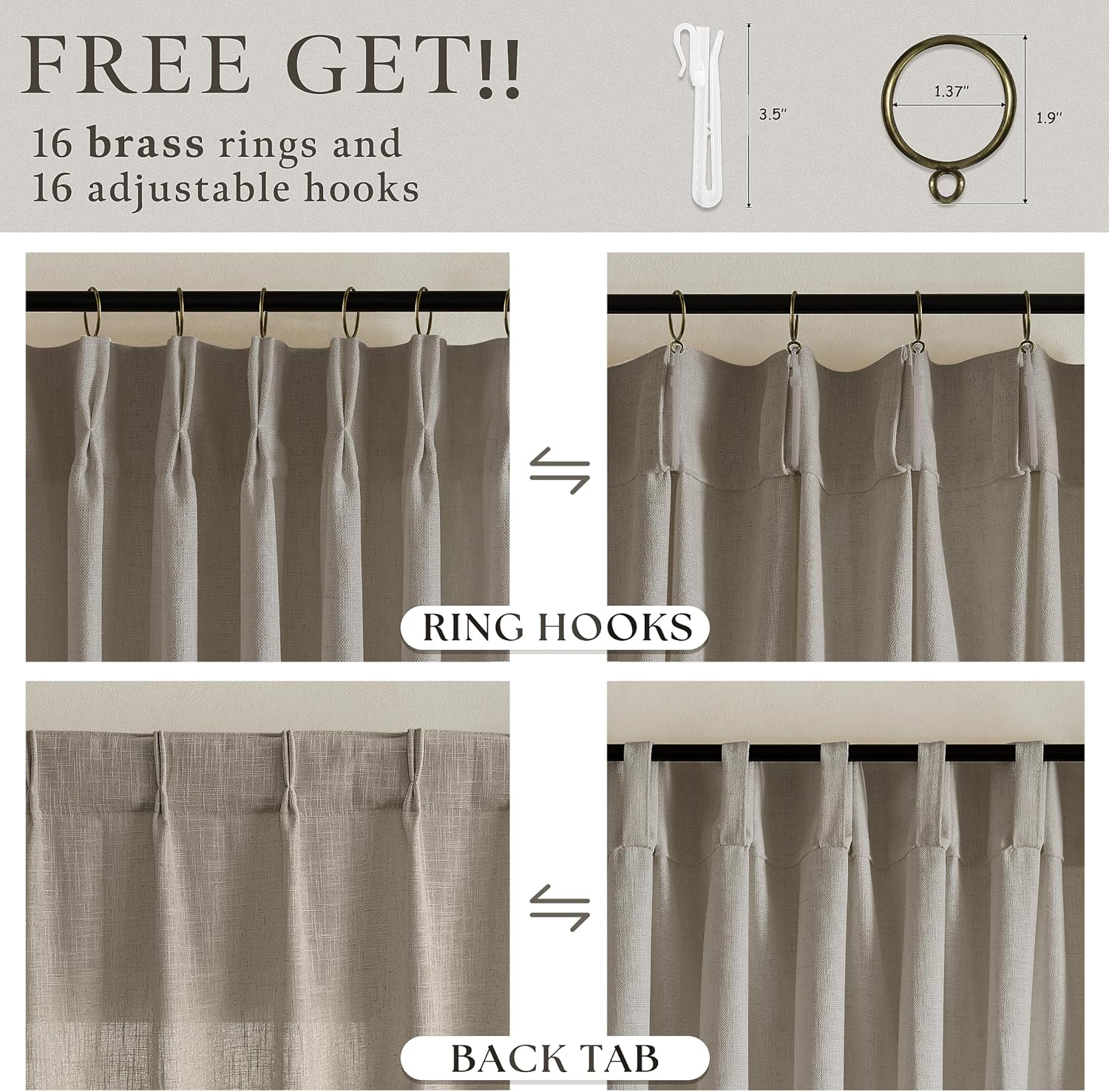 Detalle 2 de Taupe Flax Linen Curtains 90in Pinch Pleat