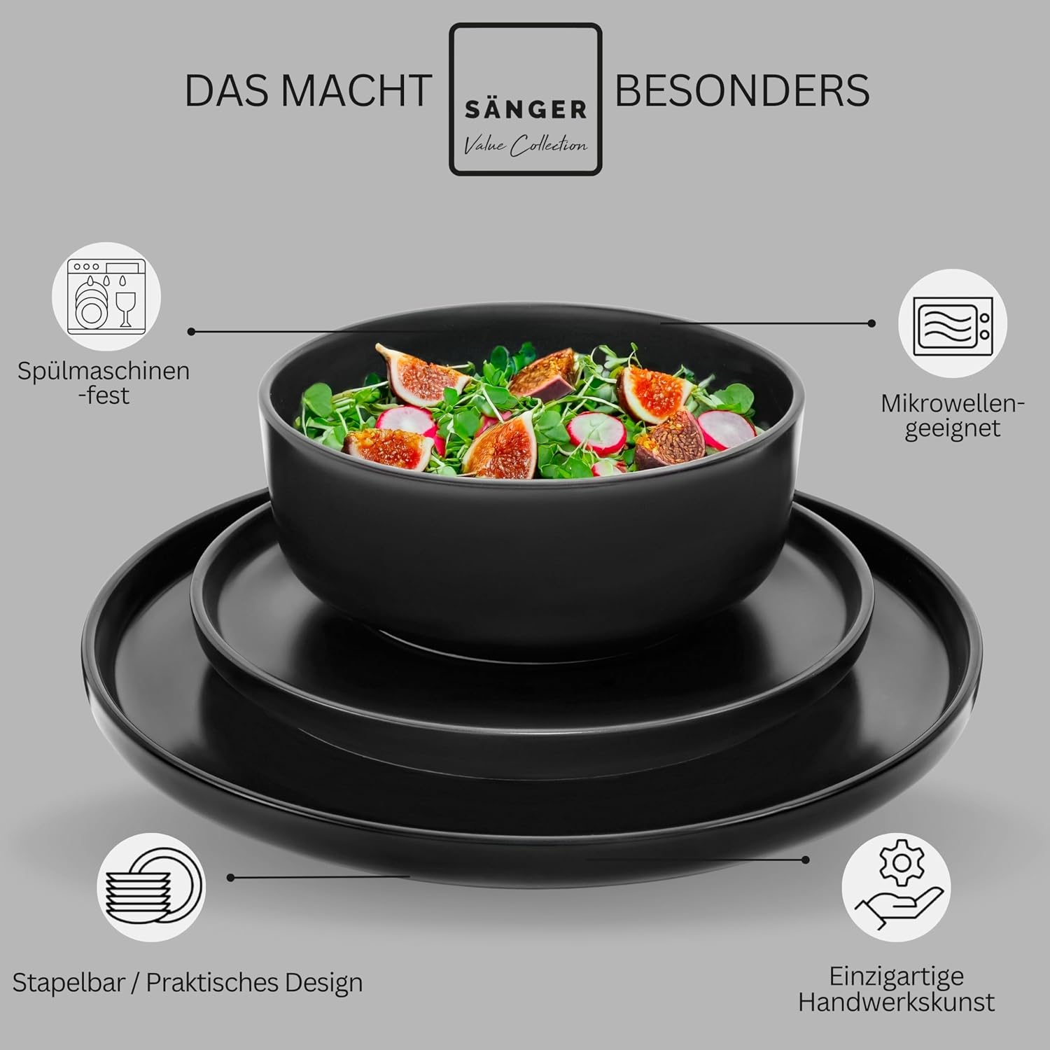 Thumbnail 2 de SÄNGER Madeira 18-tlg Geschirrset schwarz 🍽
