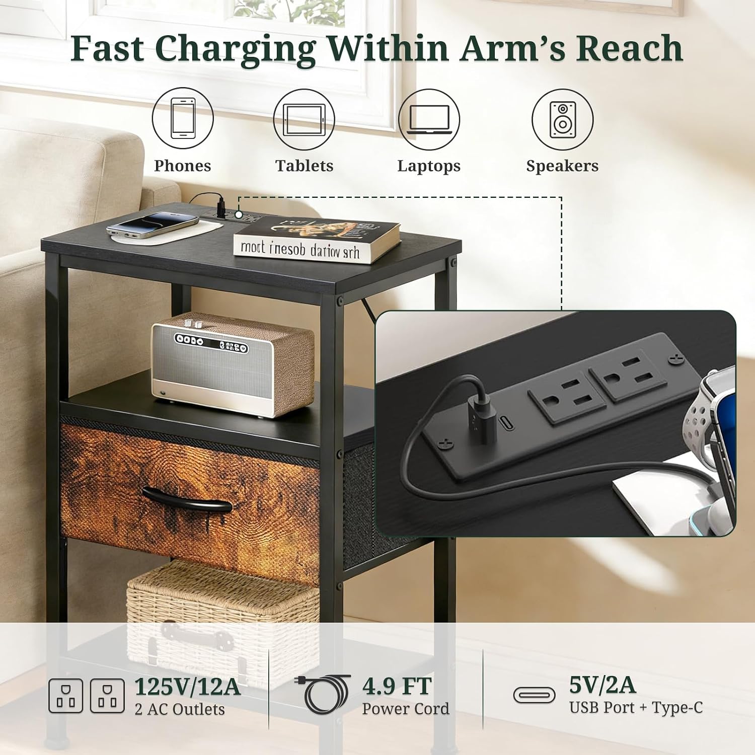 Detalle de Nightstand with Charging Station, Fabric Drawer