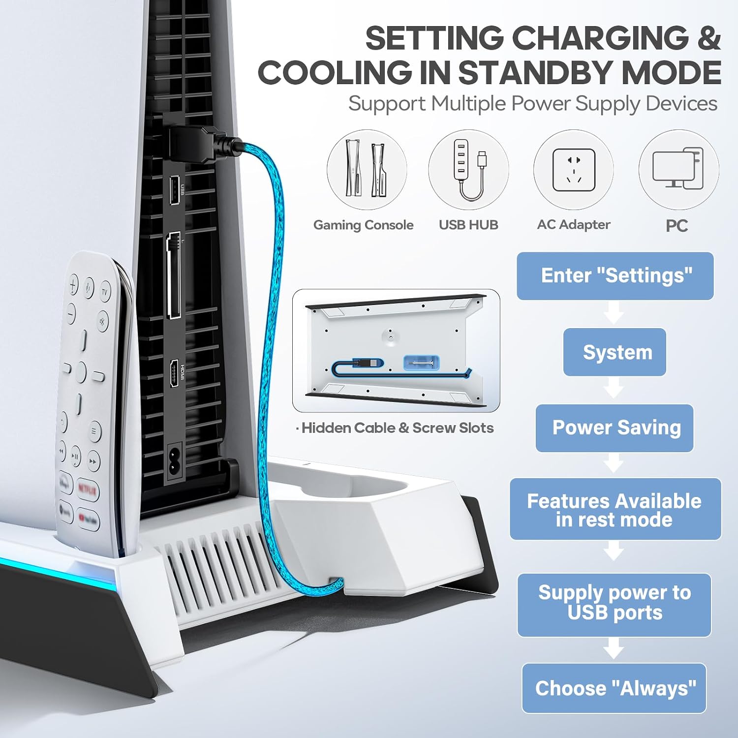 Detalle de PS5/ Pro/Slim Stand for Disc & Digital Console: Cooling, Charging and Docking Station