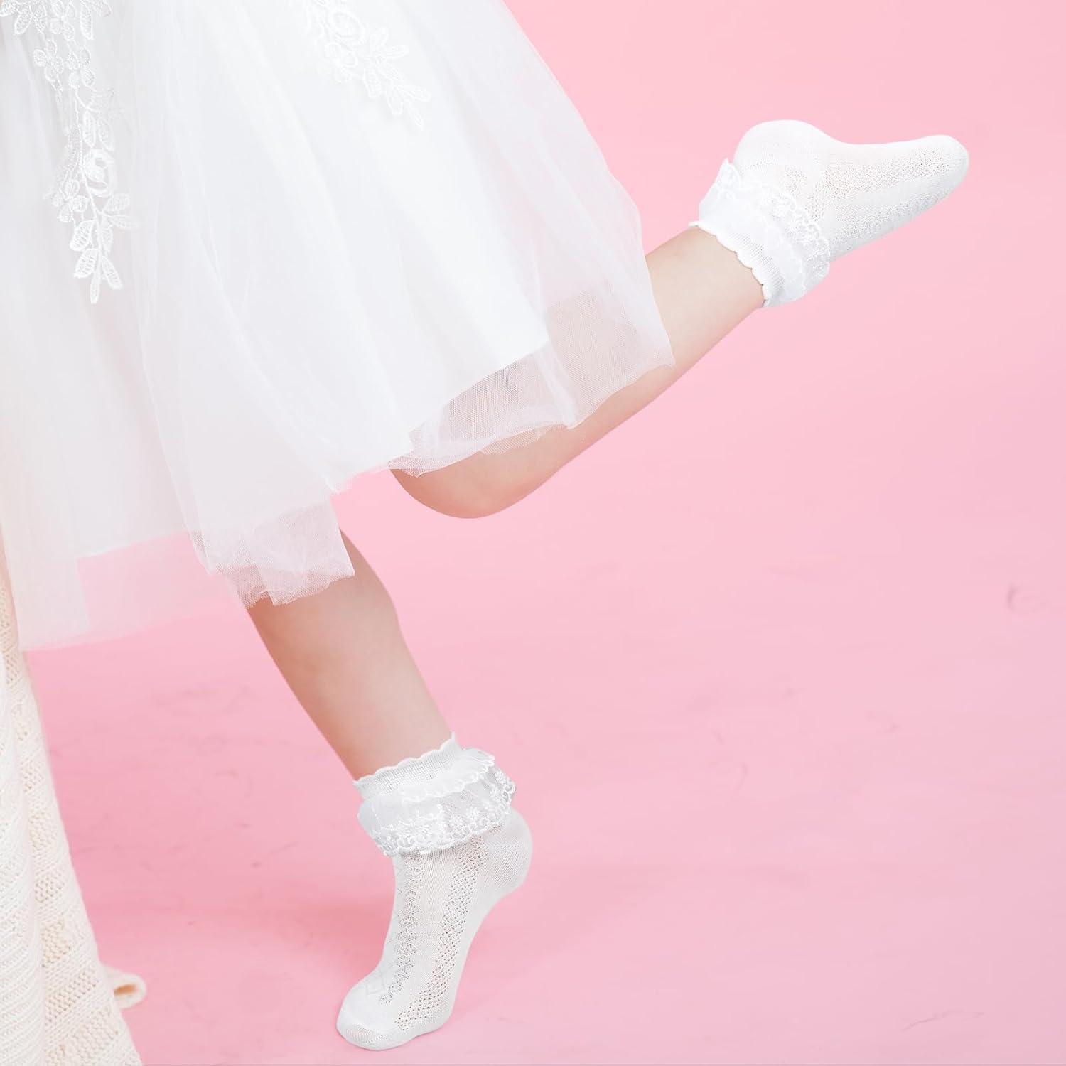 Detalle 2 de Jupsk Girls Frilly Socks Ankle School Socks – Multicolour Cotton Lace (6 Pairs)