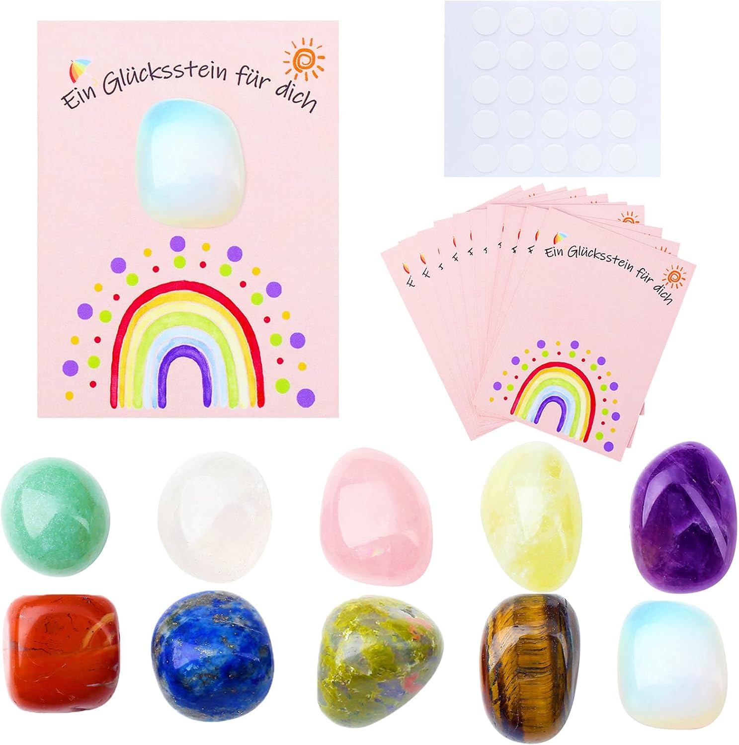XIANNVXI Glücksstein Mitbringsel – 10 bunte Trommelstein Glückssteine mit Karten, Kleber und Geschenkbox