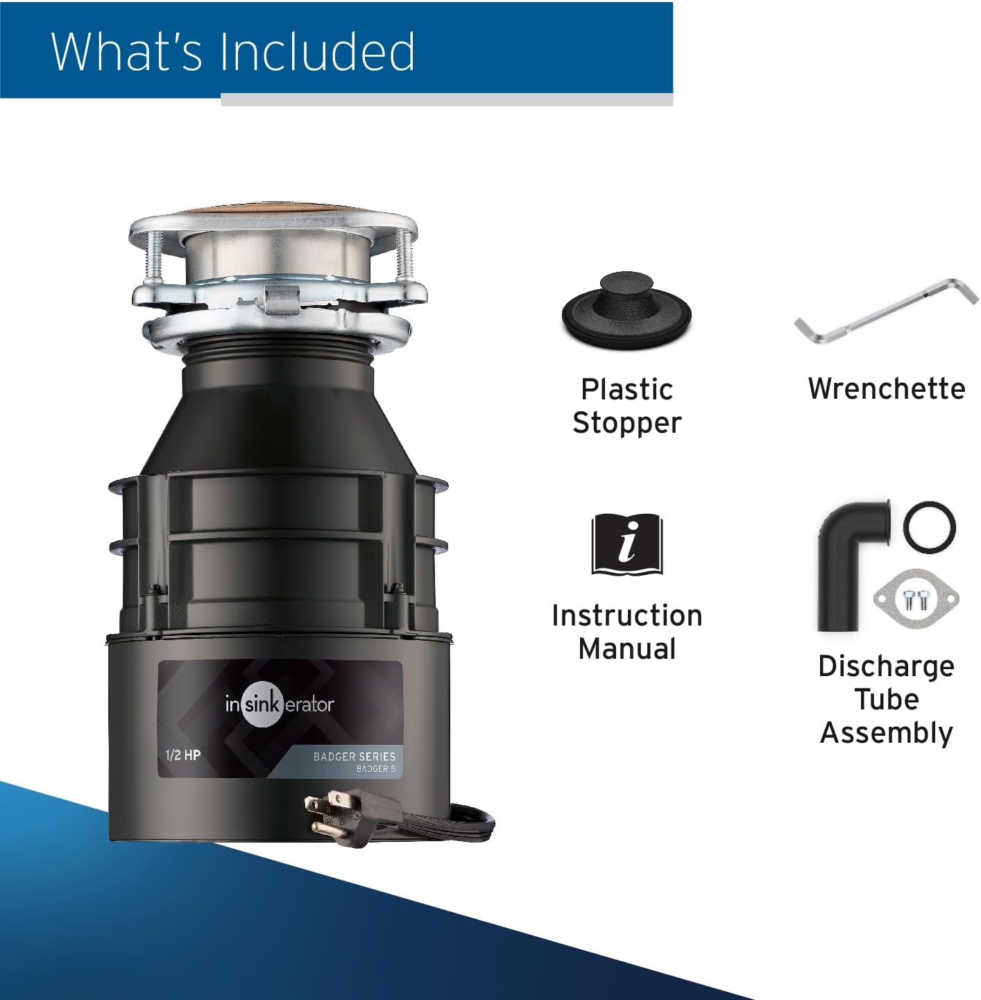 Detalle de InSinkErator Badger 5 Garbage Disposal with Power Cord: 1/2 HP, Continuous Feed