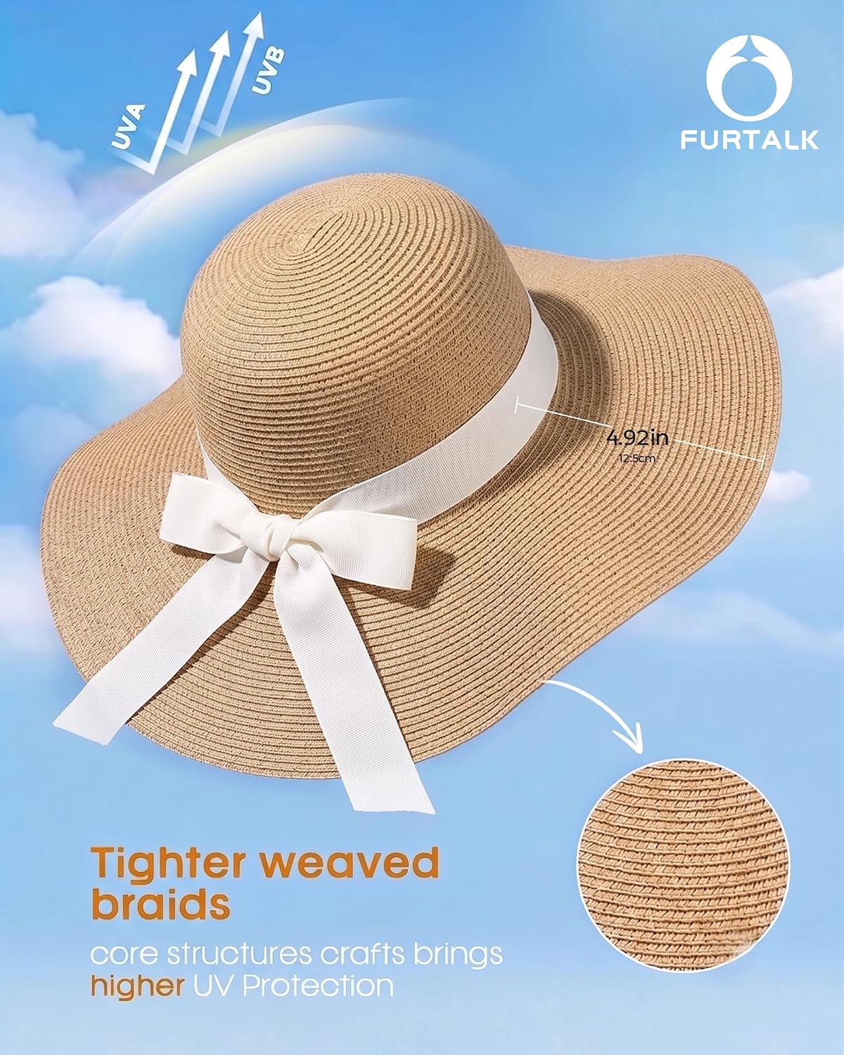 Thumbnail 1 de FURTALK Women’s Sun Straw Hat (Wide Brim) with UPF 80+ — Foldable & Packable Beach Hat