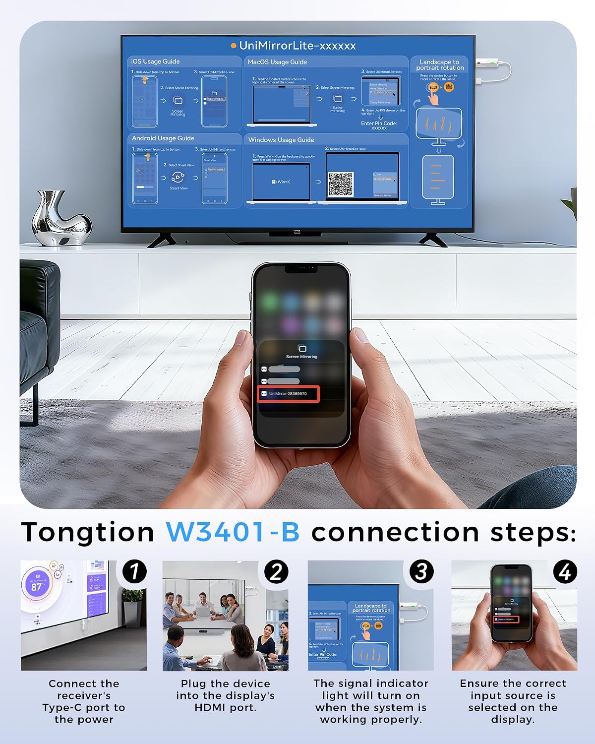 Detalle 2 de Tongtion Wireless Display Dongle 1080p HDMI