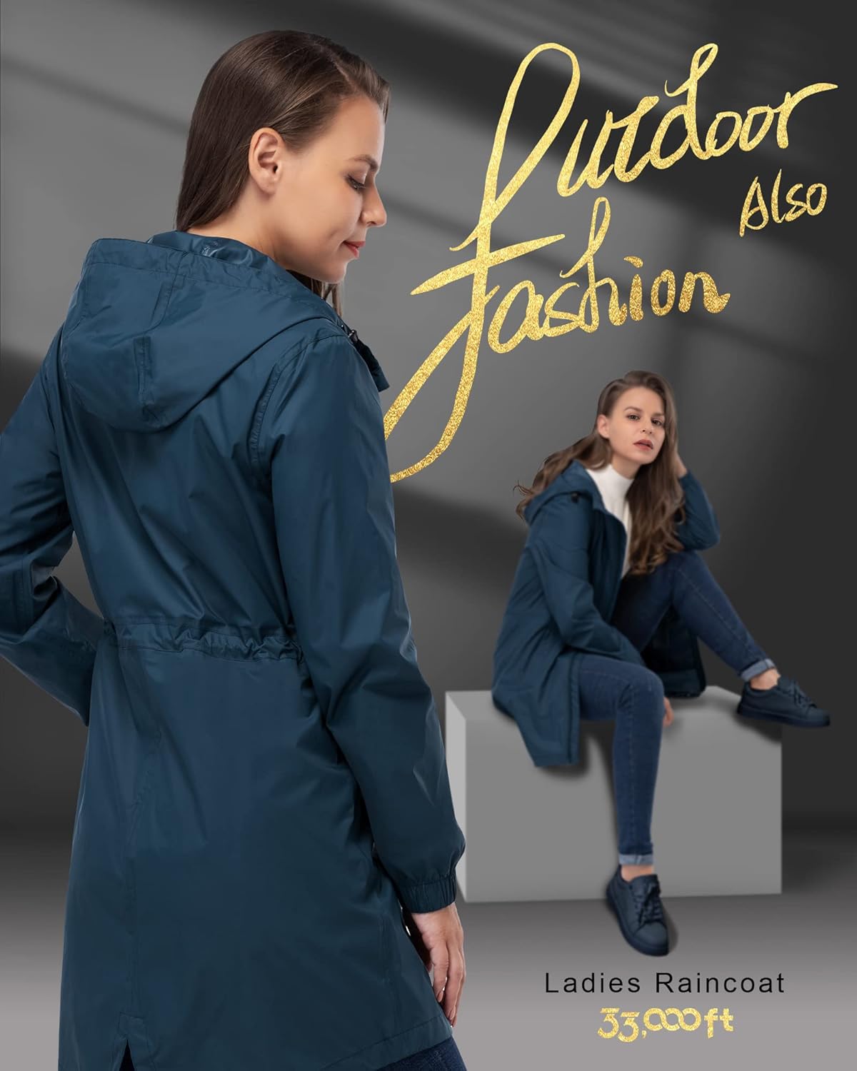 Thumbnail 5 de 33,000ft Women’s Lightweight Hooded Rain Jacket – Waterproof Packable Long Rain Coat