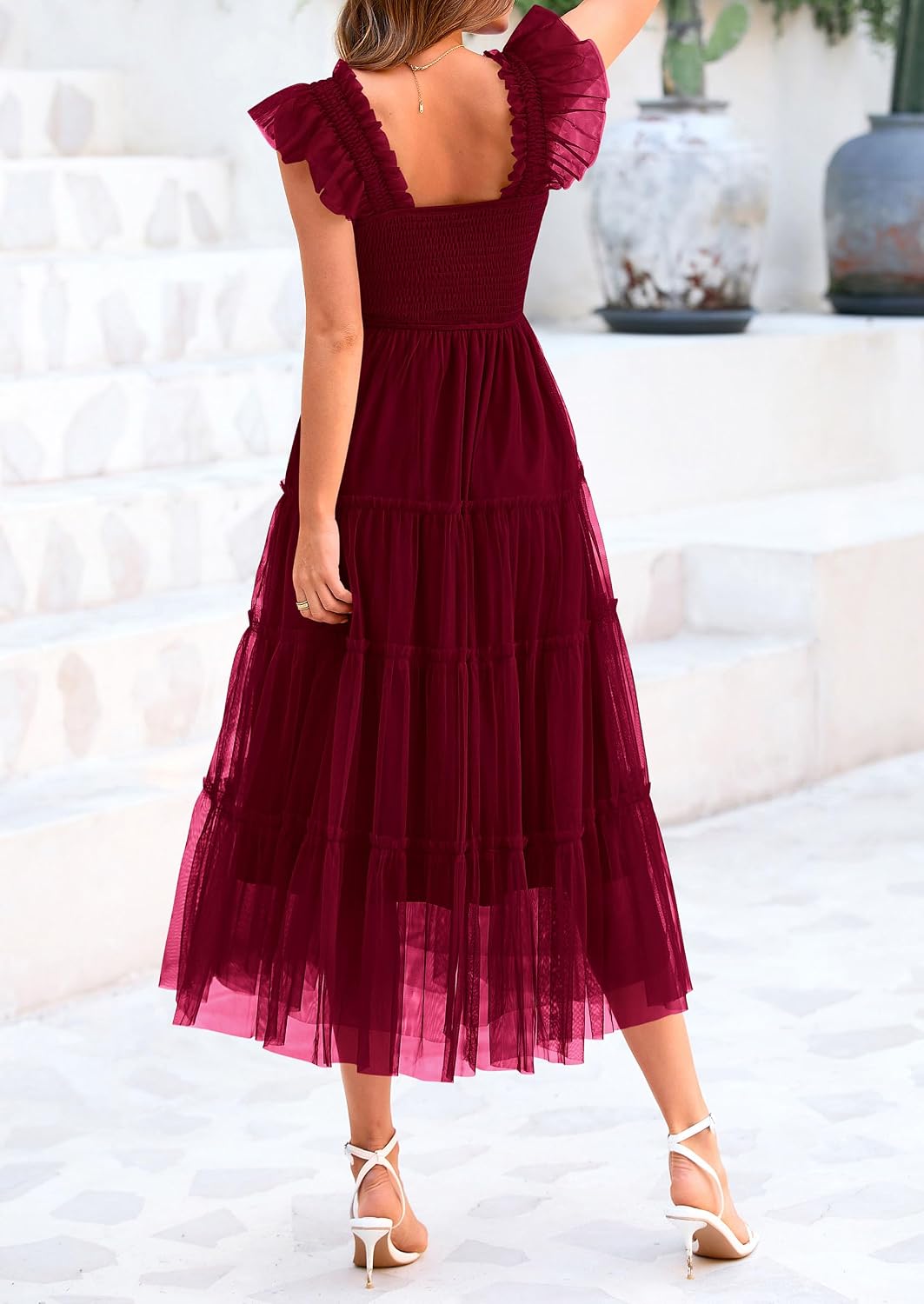 Detalle de PRETTYGARDEN Women's Summer Tulle Midi Dress with Smocked Ruffle Detail