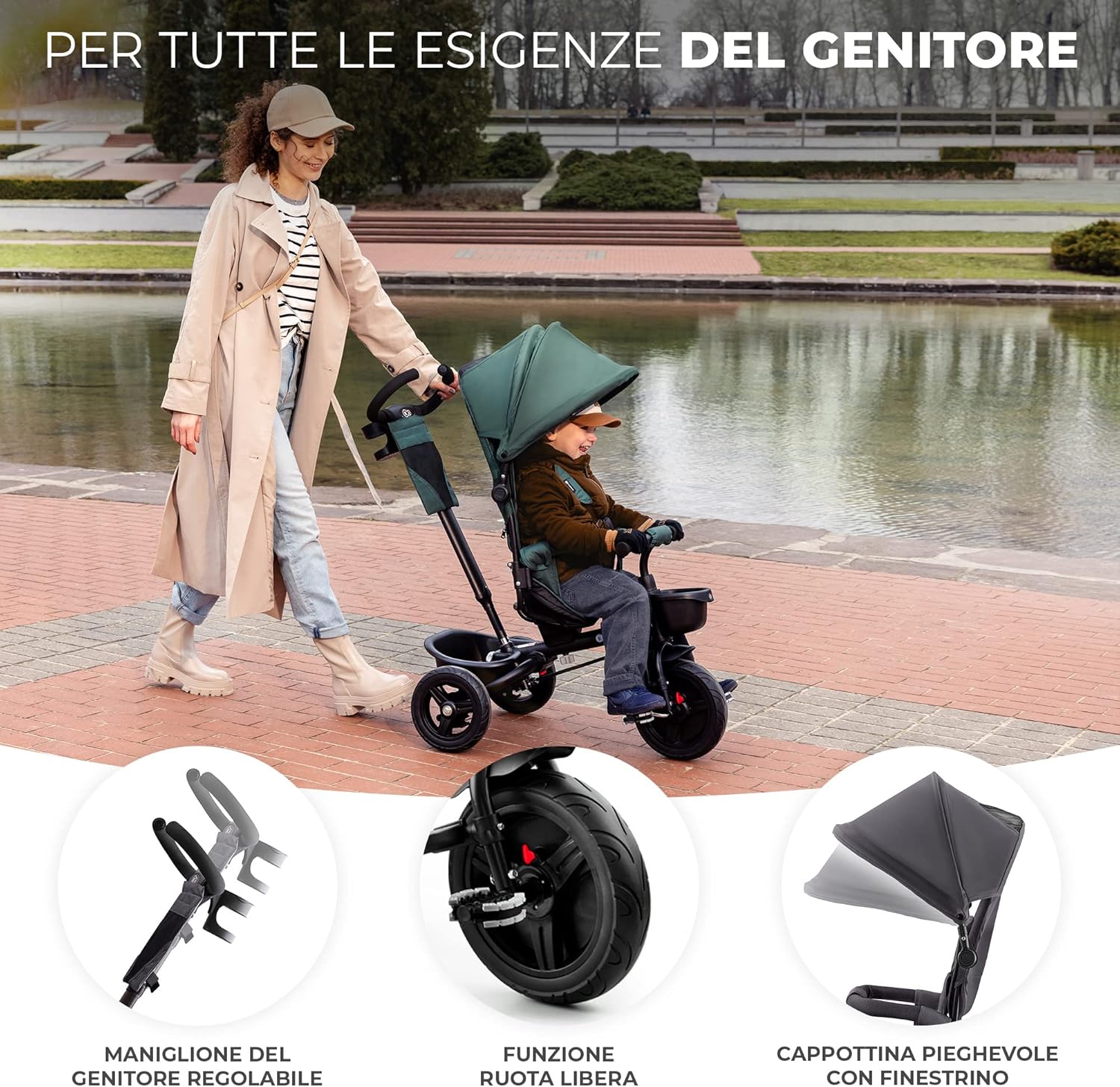Detalle de Kinderkraft AVEO Triciclo per bambini 9 mesi – 25 kg, maniglione regolabile, pieghevole, sedile girevole fronte mamma e strada, rosa