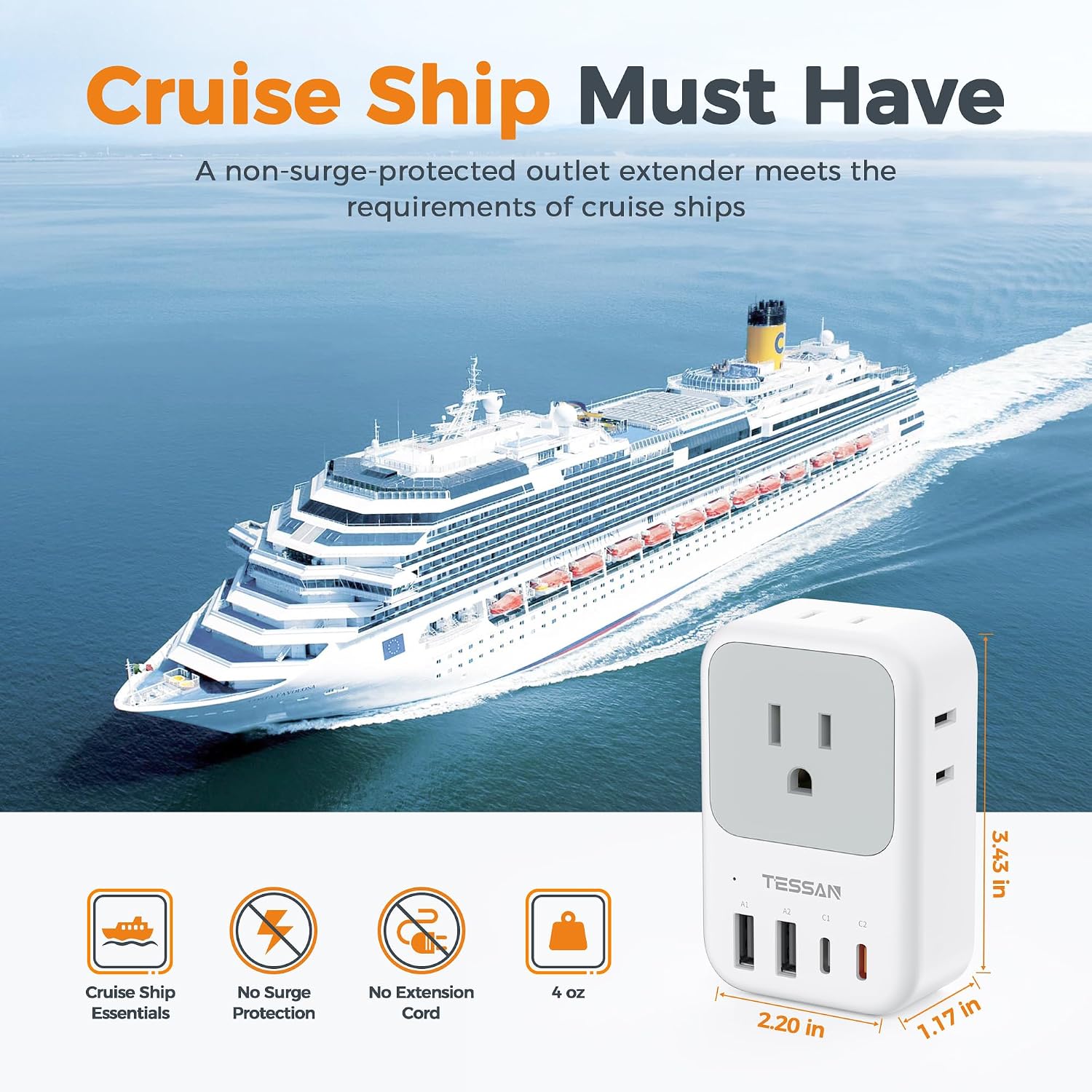 Thumbnail 4 de TESSAN TS-WS06US00 Wall Outlet Extender, 4 AC Outlets, 4 USB Ports