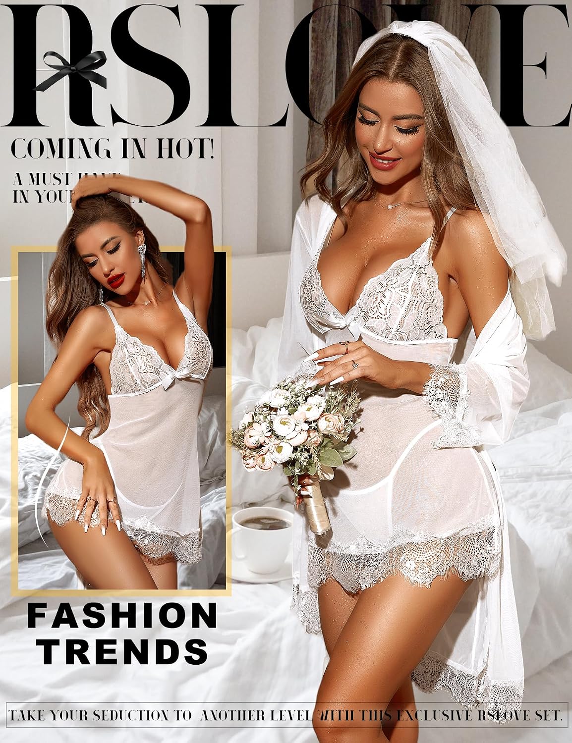 Detalle 2 de RSLOVE nuisette dentelle femme 3 pièces