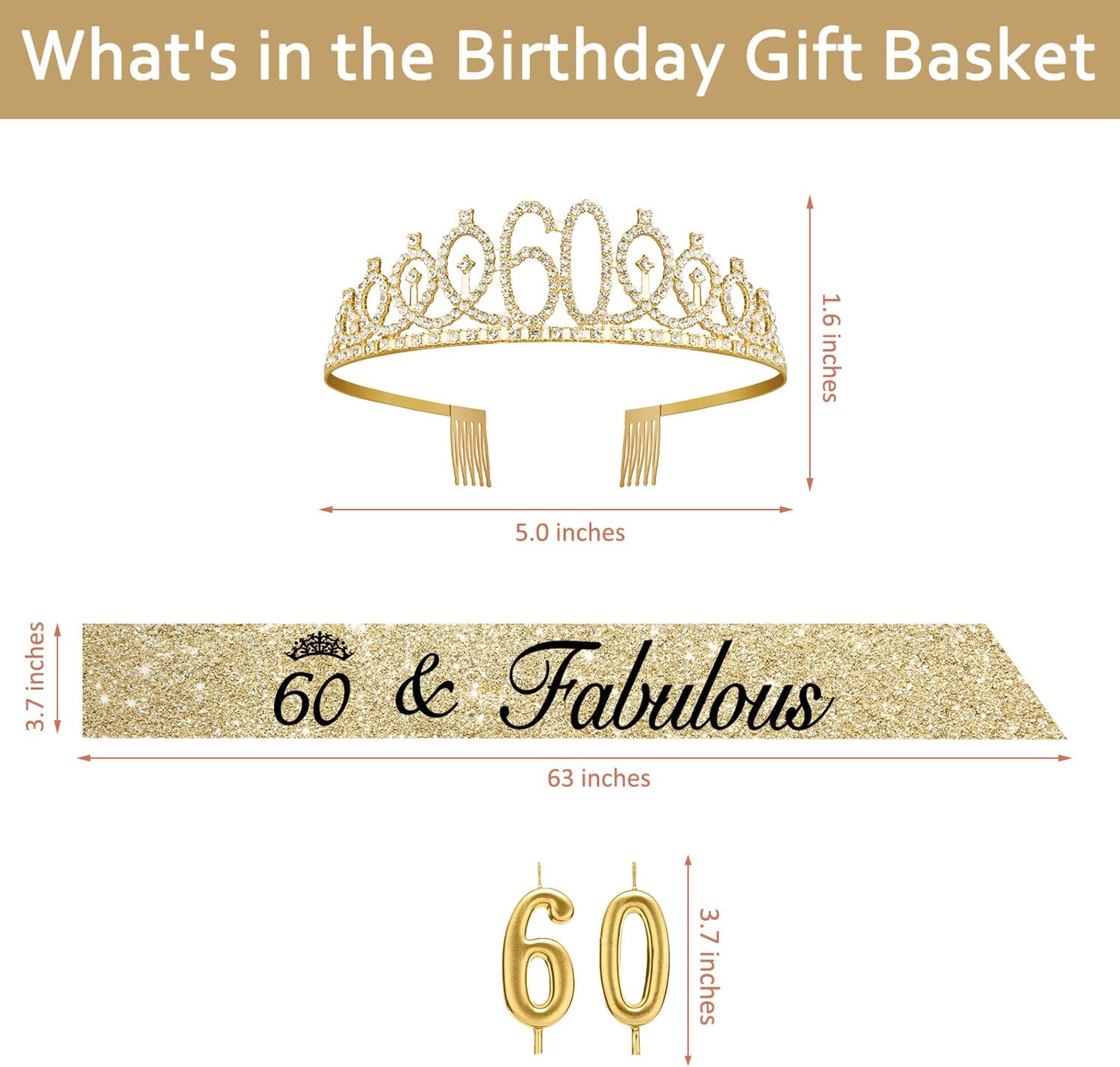 Detalle de Amosking 60th Birthday Decorations Set: 60 sash, crown/tiara and gold number 60 candles