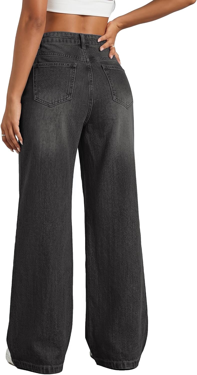 Detalle de EMMIOL Women Baggy Jeans (Mid-Low Waist) Boyfriend Streetwear Vintage Wide-Leg Denim Pants