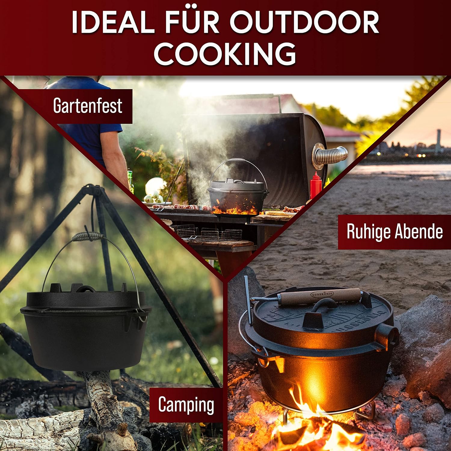 Detalle 2 de GUSSKÖNIG Dutch Oven Set 9L – Eingebrannter Feuertopf mit 2in1 Deckelheber und umfangreichem Zubehör