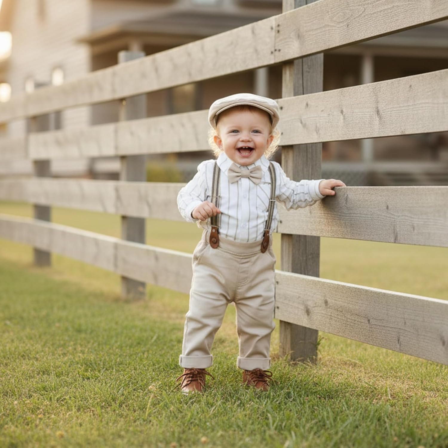 Thumbnail 2 de Volunoby Bébé Garçon Costume Gentleman 5 pièces : chemise + nœud papillon détachable + bretelles + pantalon + béret