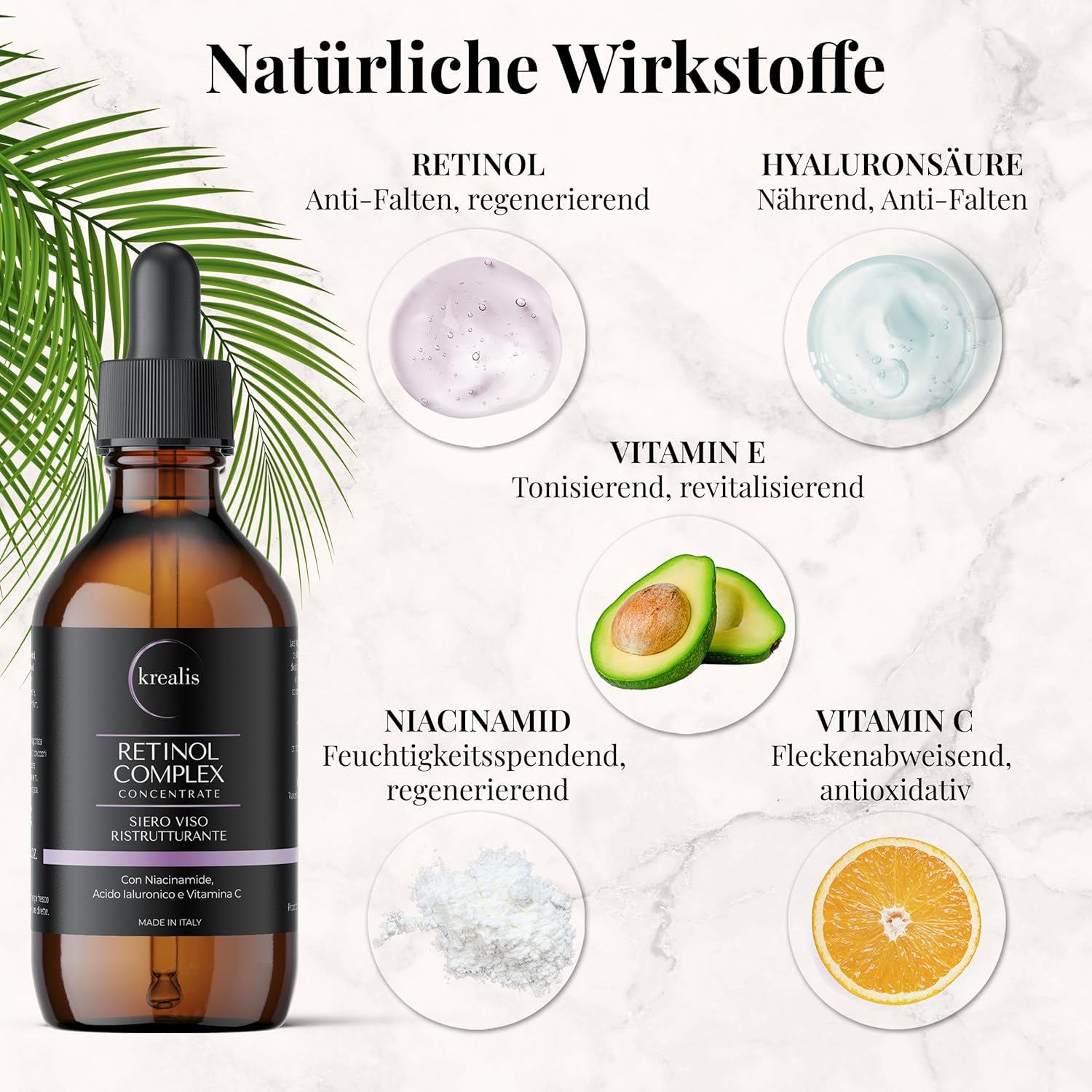 Detalle de 100ml Retinol Serum mit Niacinamid, Hyaluron & Vitamin C – Anti-Falten, Feuchtigkeit & Ausgleich