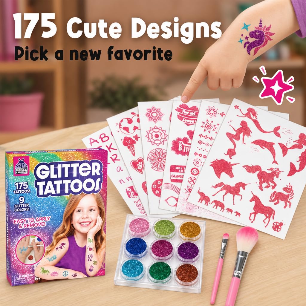 Detalle de Purple Ladybug 175-Piece Temporary Glitter Tattoos Kit for Kids (Ages 6–12)