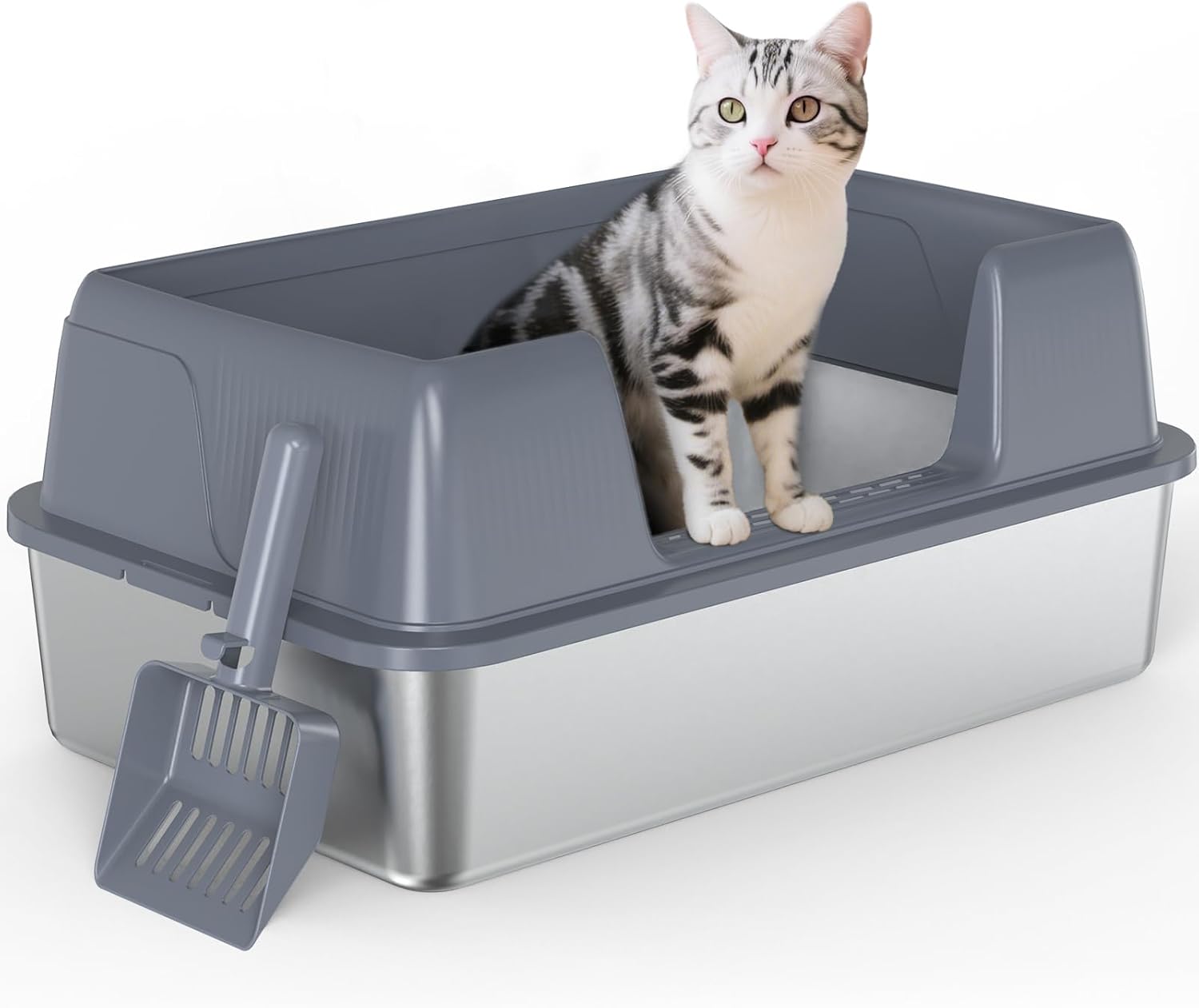 Detalle de Vivifying Bac à Litière en Acier Inoxydable pour Chat – Entrée Latérale, Pelle et Anti-Débordement (Gris)