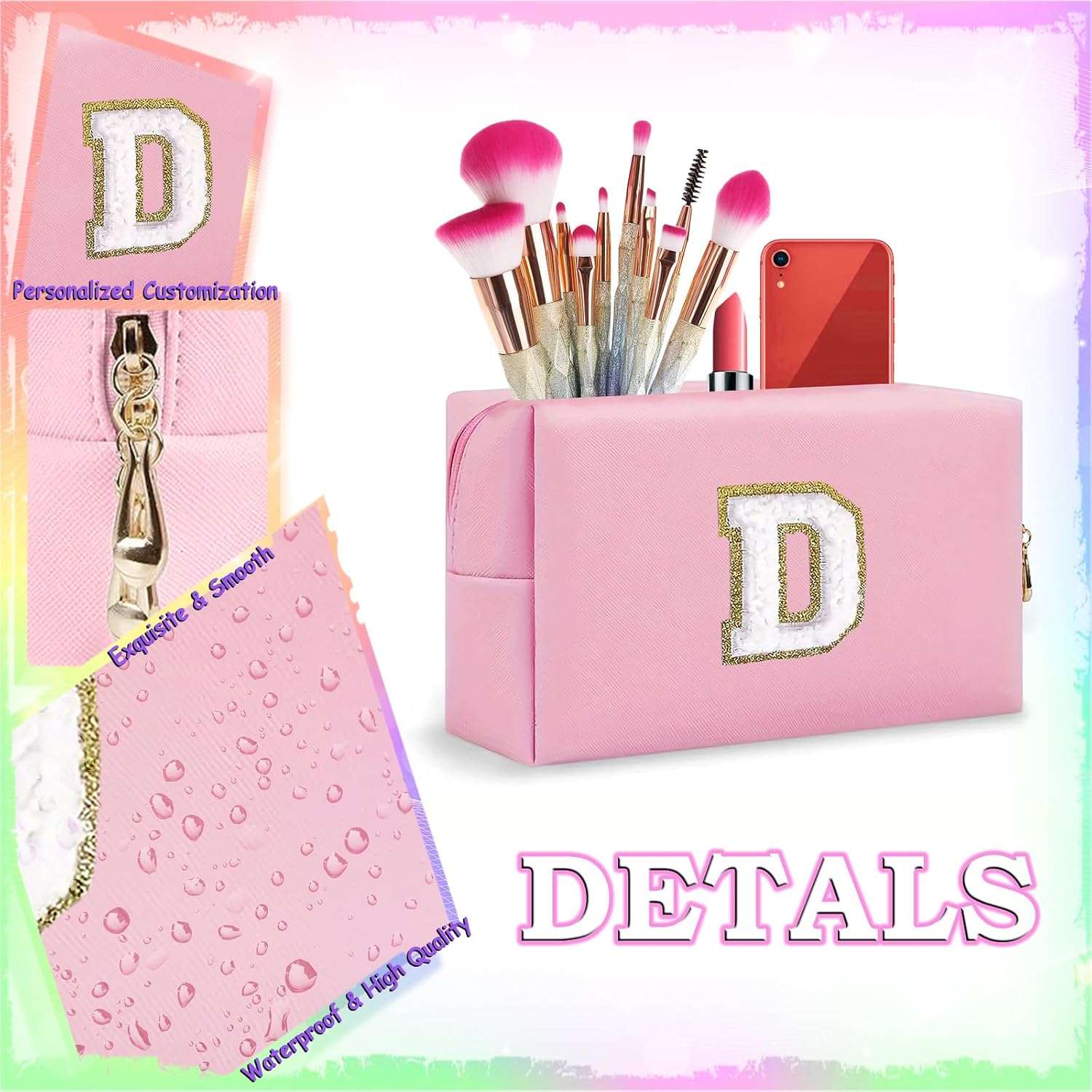 Thumbnail 1 de Anntry Small Personalised Initial Letter Makeup Bag – Pink PU Leather with Gold Chenille Patch