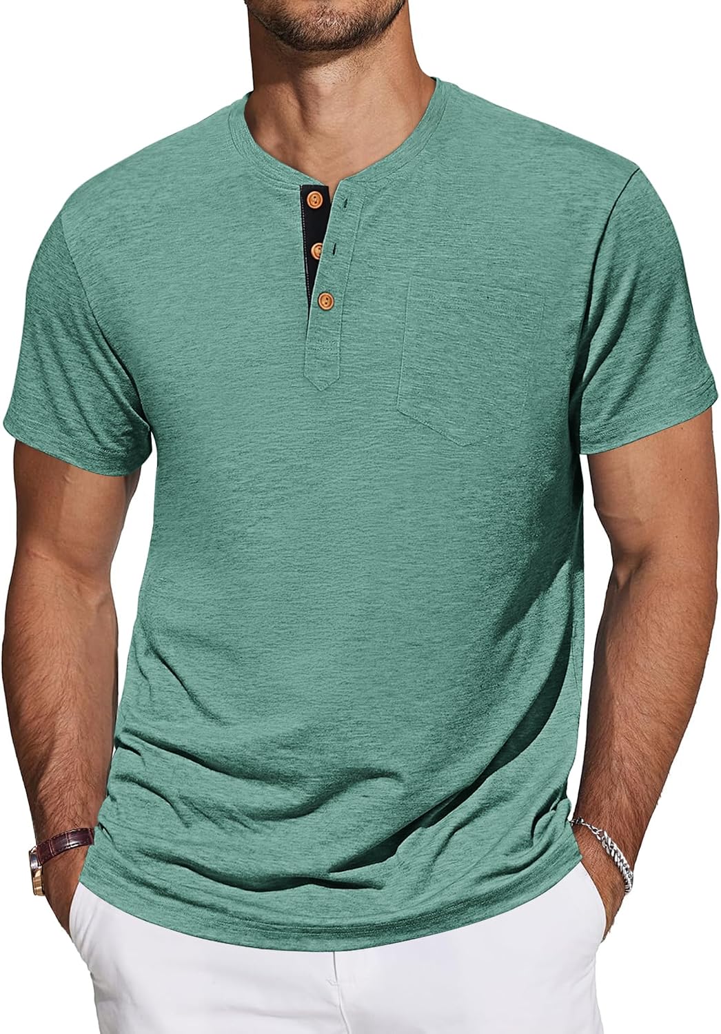 Detalle de TARAINYA Henley T-Shirts Herren – Baumwollshirt mit Brusttasche, Kurzarm, 95% Baumwolle