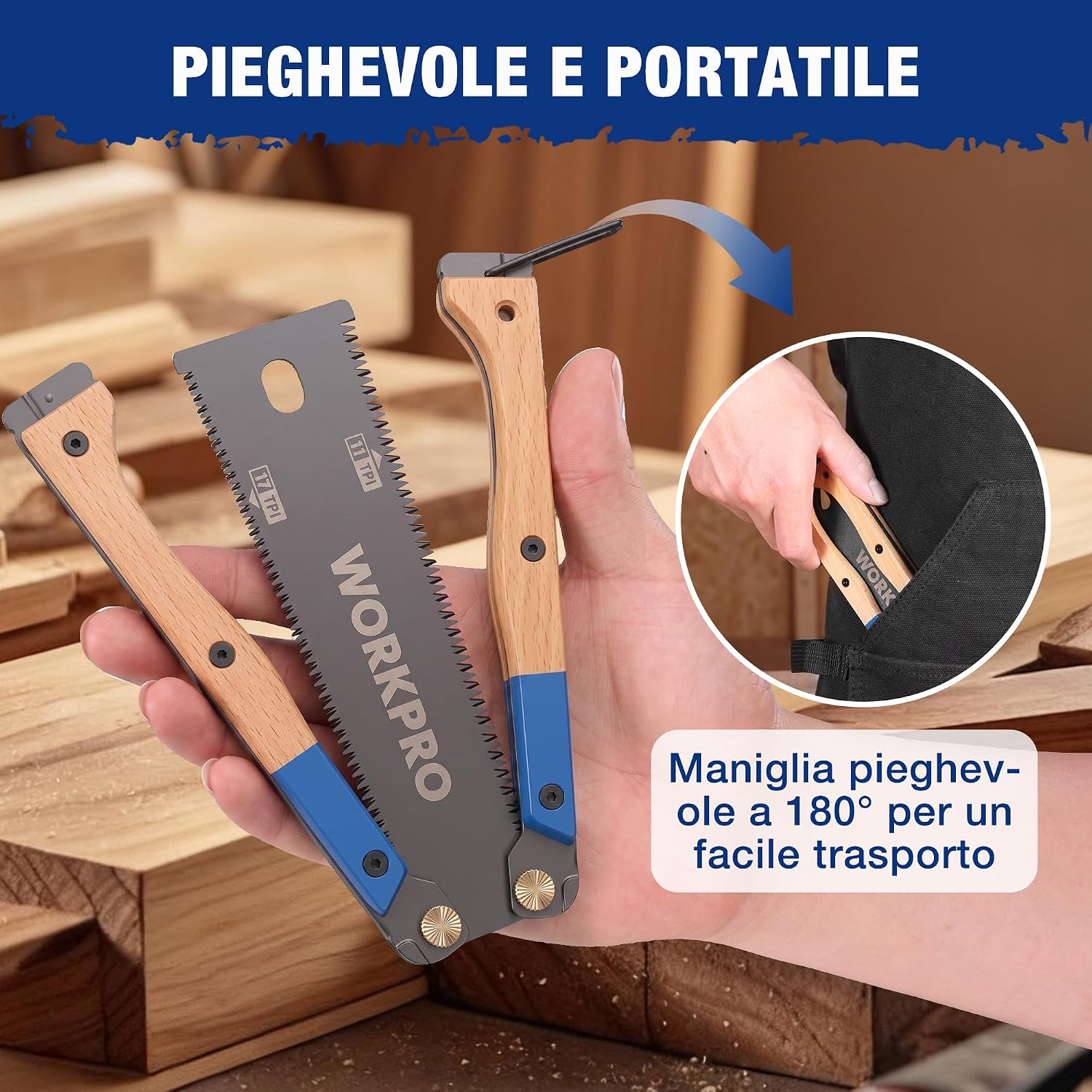 Detalle 2 de WORKPRO Sega Sega Giapponese Pieghevole 310 mm, Doppio Filo 11/17 TPI – Lama SK5, Manico in Faggio