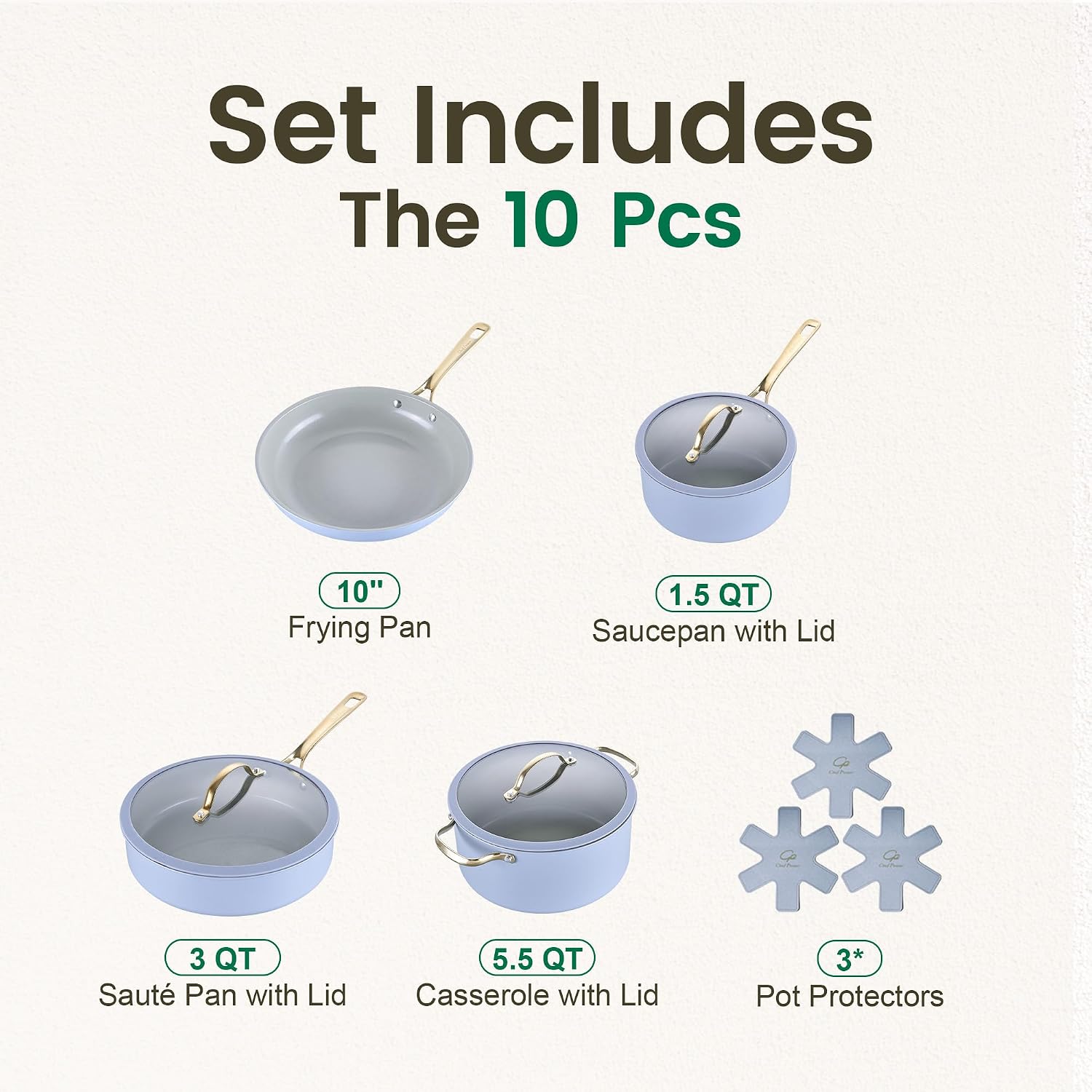 Detalle 2 de Chef Power Light Blue Ceramic Cookware Set, 10-Piece, Oven Safe to 450°F