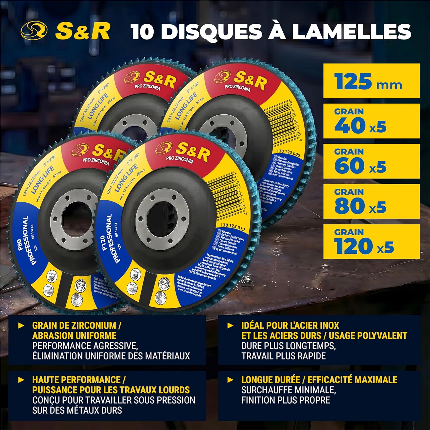Detalle de S&R Disques à Lamelles 125 mm – 20 pièces, grain 40/60/80/120, pour métal et bois