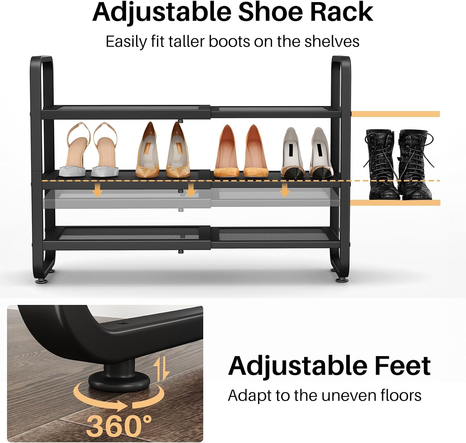 Thumbnail 6 de SNTD SN-NM-SR-BK-3T-HXJ Expandable Metal Shoe Rack, 3-Tier, Black Mesh
