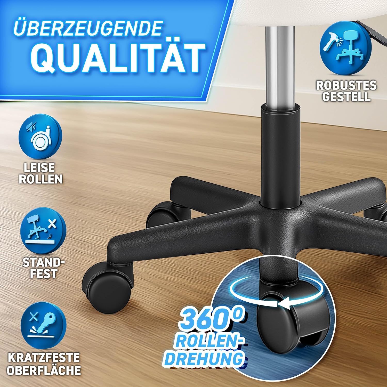 Detalle 2 de TRESKO Rollhocker höhenverstellbar Beige bis 150 kg – 360° Drehhocker mit Rollen