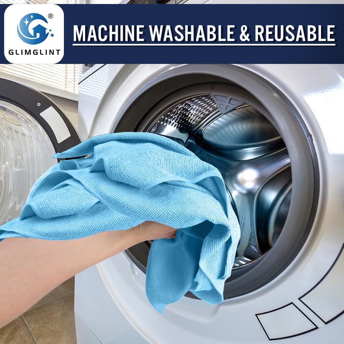 Detalle de GLIMGLINT Blue Microfiber Cleaning Cloths (14" x 12") — 150 Reusable Shop Rags for Kitchen, Bathroom, Car & TV Screens