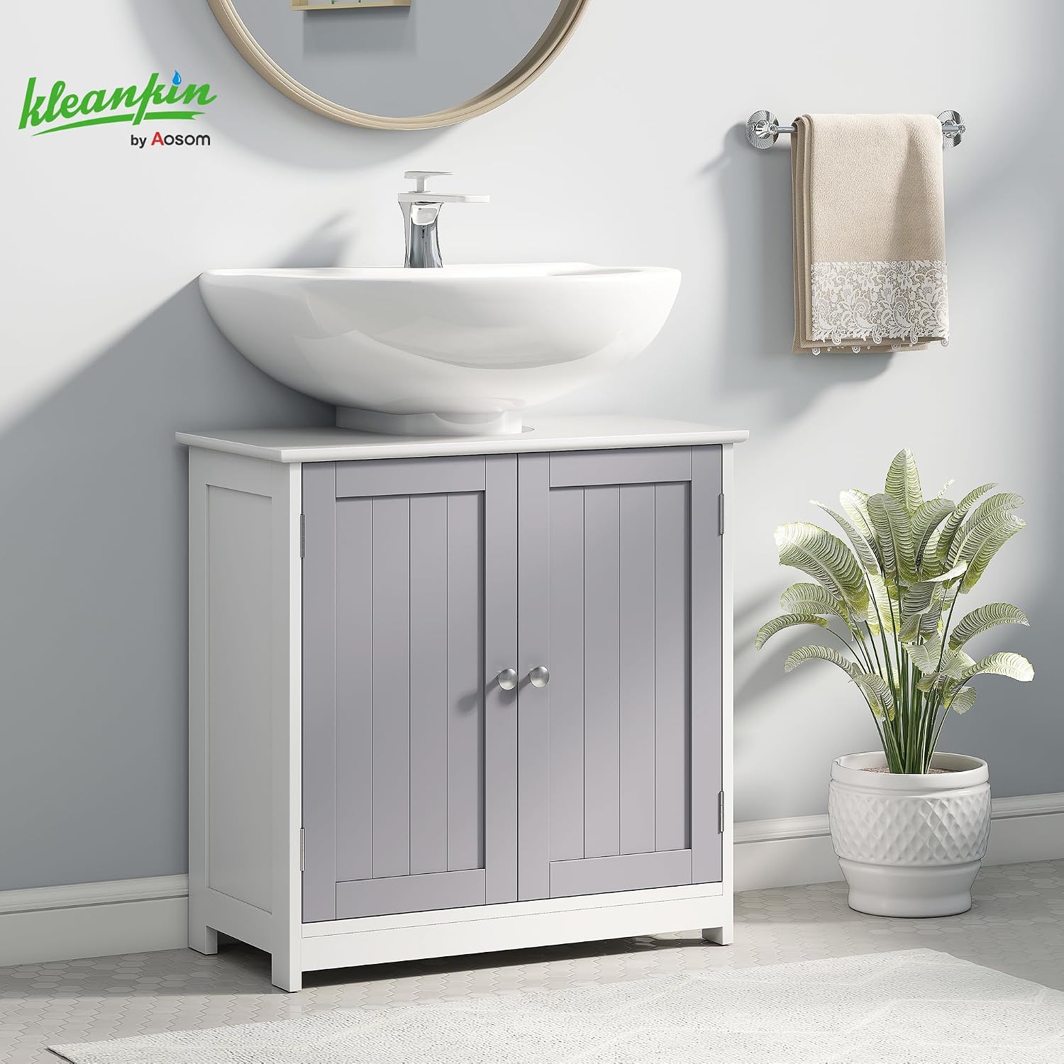 Thumbnail 1 de Meuble salle de bain sous lavabo kleankin (placard 2 portes avec étagère) en MDF gris & blanc