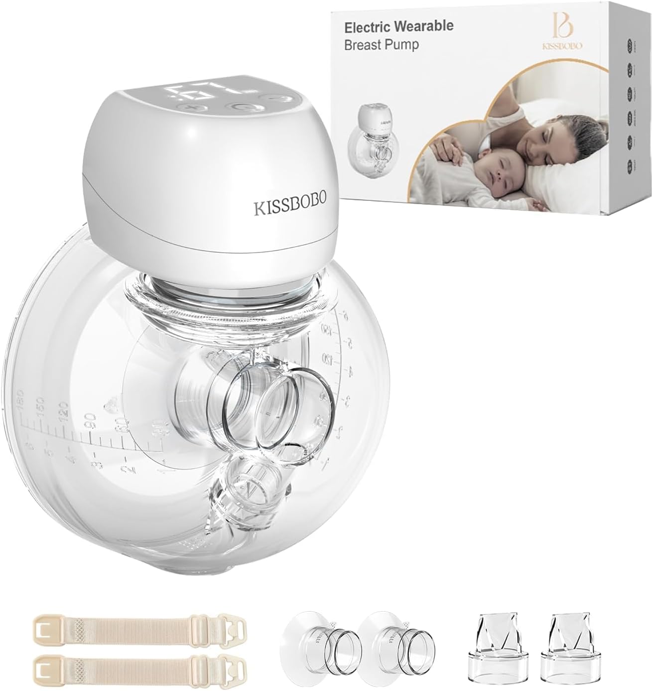 Detalle de KISSBOBO draadloze handsfree borstkolf met borstschilden van 21 en 24 mm