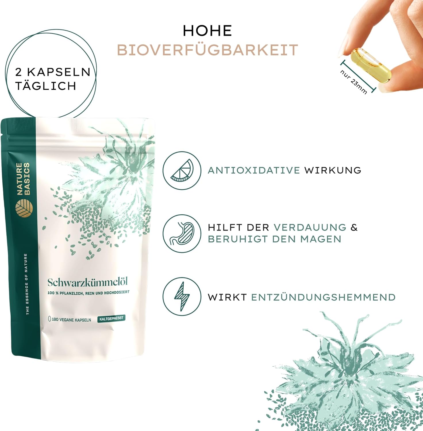 Thumbnail 1 de Schwarzkümmelöl (180 vegane Kapseln) – 500 mg Öl & 250 mg Linolsäure pro Kapsel