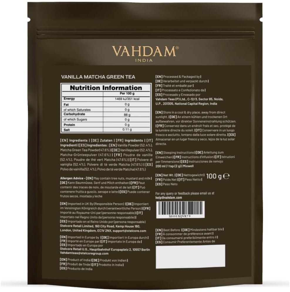 Detalle de VAHDAM Poudre de Matcha à la Vanille 100 g – Matcha Uji & Vanille de Madagascar