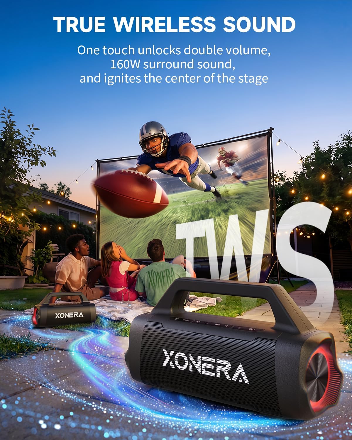 Detalle de Xonera Bluetooth Outdoor Speaker (80W Peak) with 20H Playtime, IPX6 Waterproof, TWS, BT5.3 — Black