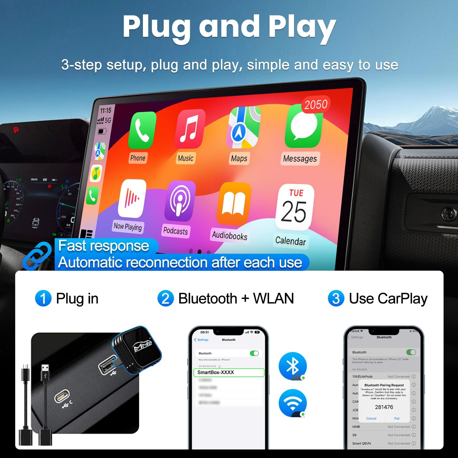Detalle de MMB CP-Ultra 2026 Wireless CarPlay Adapter (Wi‑Fi 6 + Bluetooth 5.4, Plug & Play)