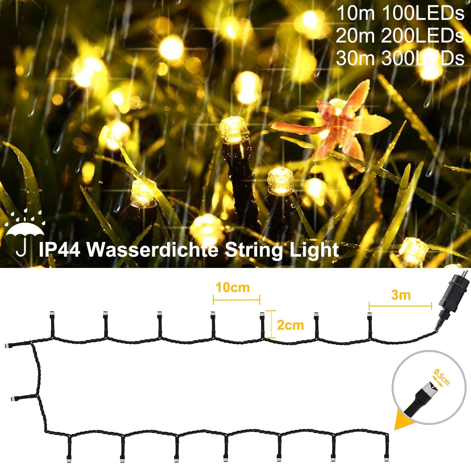 Thumbnail 5 de Meision Lichterkette Außen Strom 20 m (200 LEDs) mit 8 Modi, Timer & Speicherfunktion (Warmweiß, IP44)