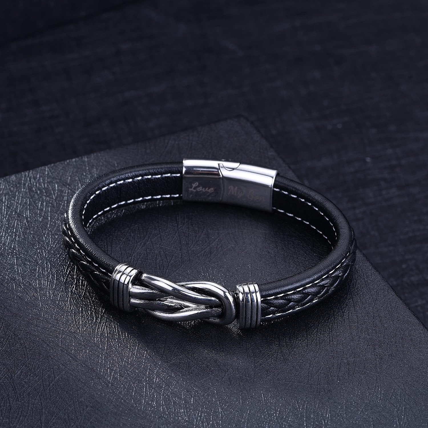 Thumbnail 4 de To My Son Leather Bracelet with “Love My Son” Engraving and Stainless Steel Clasp – braided gift for men