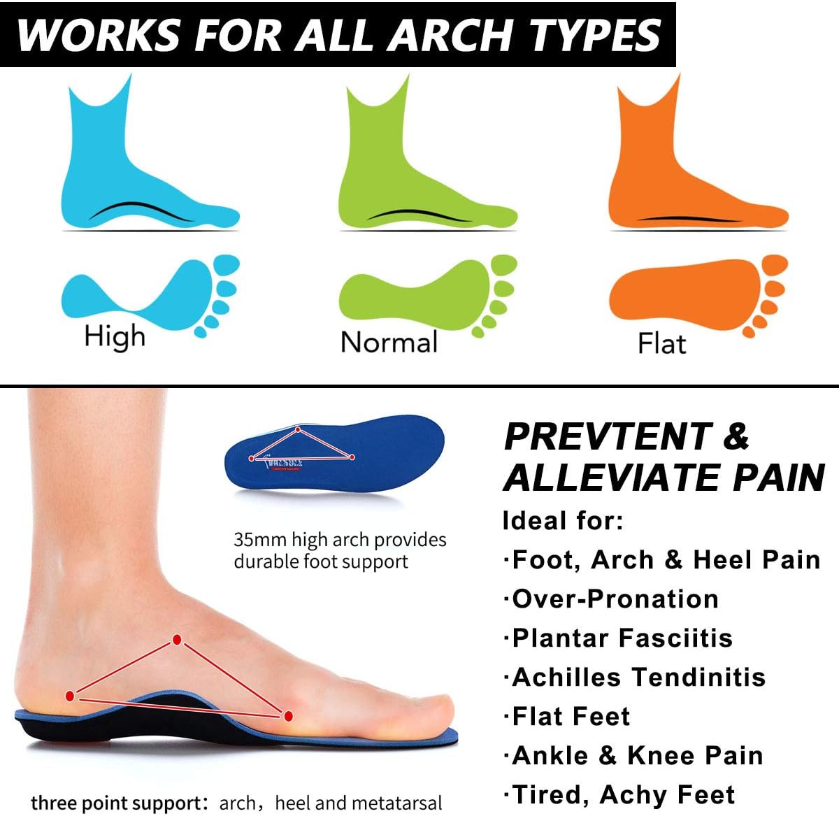 Thumbnail 3 de VALSOLE Valsole Orthotic Insole High Arch Foot Support for severe flat feet & plantar fasciitis (Blue, 5.5–6 UK / 250mm)